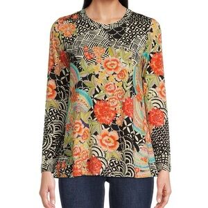 Johnny Was Sunrise Favorite Patchwork Floral Geo Print Long Sleeve Tee Shirt